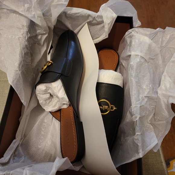 COACH Scotty Leather Slides / Mules in Black with Gold Coach Emblem - Picture 1 of 4